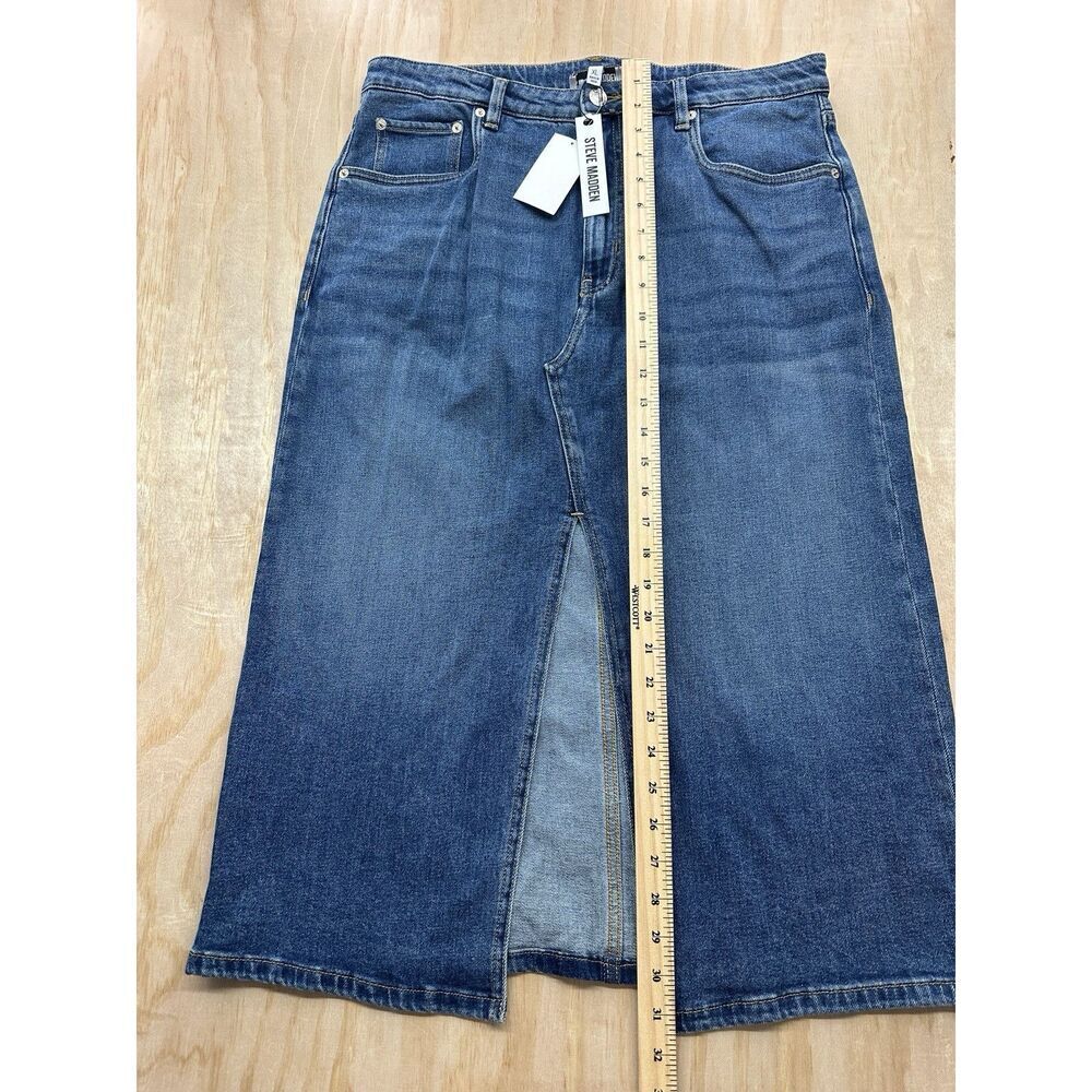 Steve Madden Women’s Jean Denim‎ Skirt Slit XL Midi Blue Pockets Button NWTs $89 - Picture 2 of 5